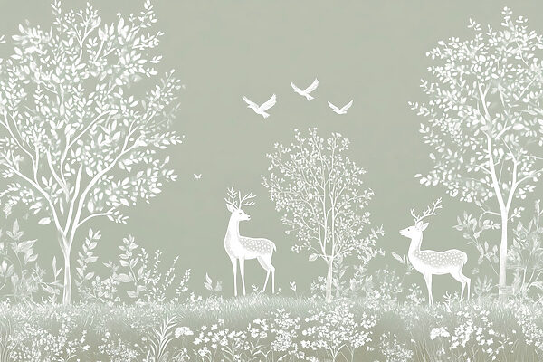 White deer and birds in a forest White deer and birds in a forest