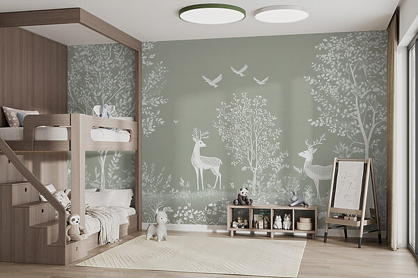 White deer and birds in a forest White deer and birds in a forest