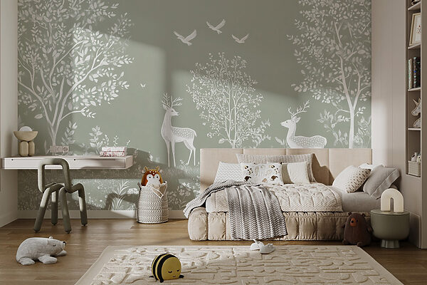 White deer and birds in a forest White deer and birds in a forest