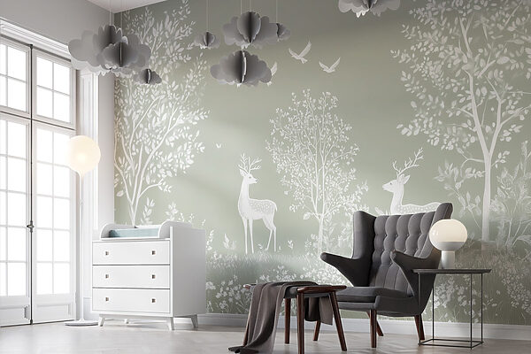 White deer and birds in a forest White deer and birds in a forest