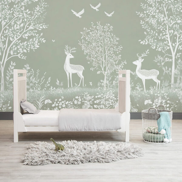 White deer and birds in a forest White deer and birds in a forest