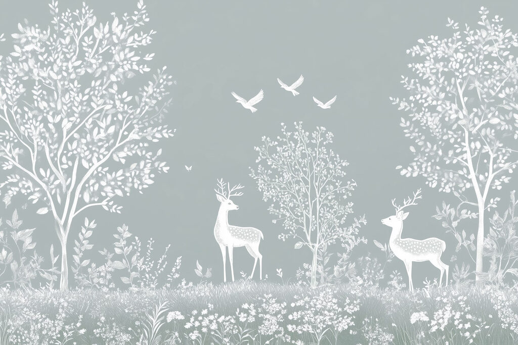 White deer and birds in a forest White deer and birds in a forest