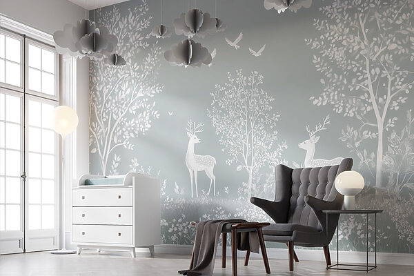White deer and birds in a forest White deer and birds in a forest