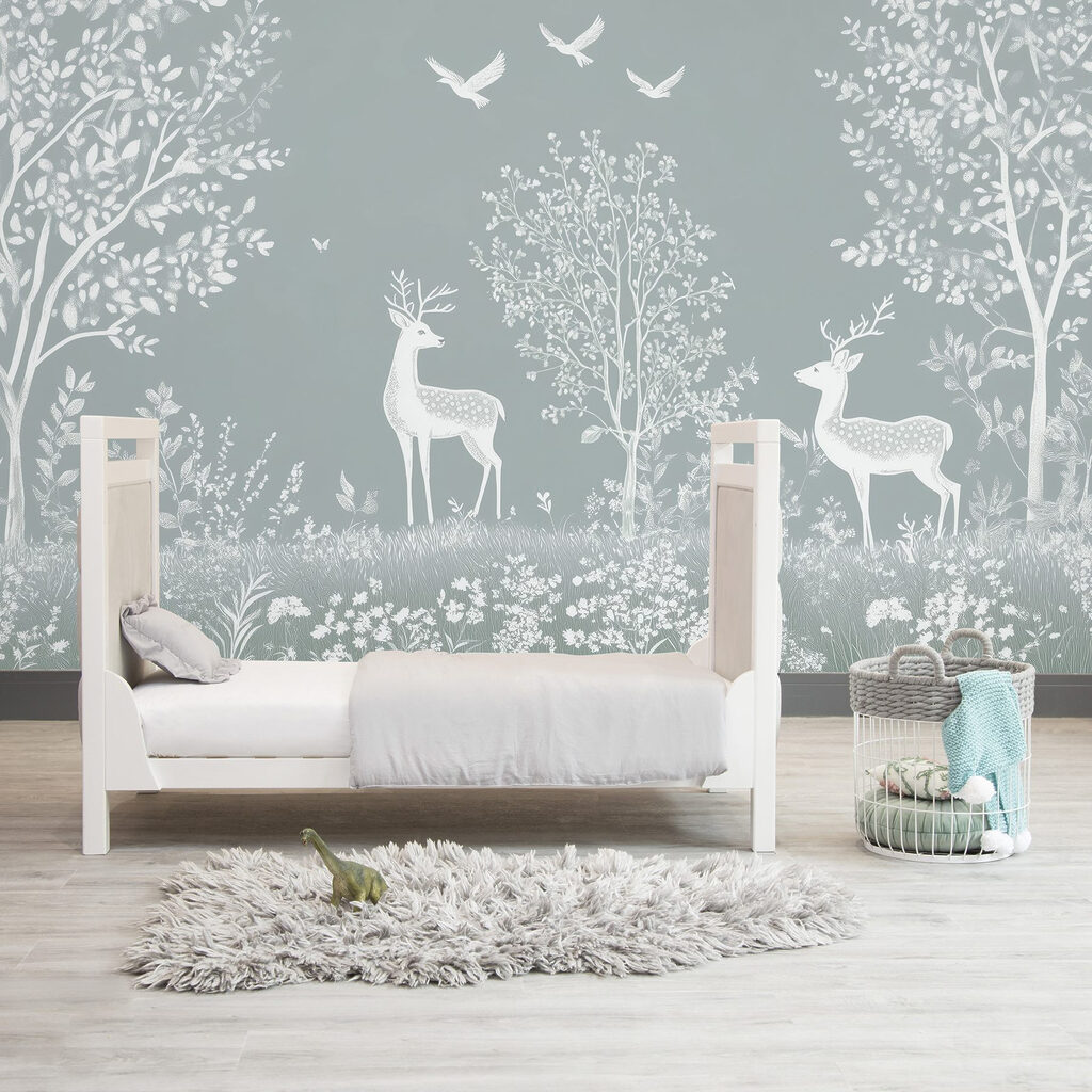 White deer and birds in a forest