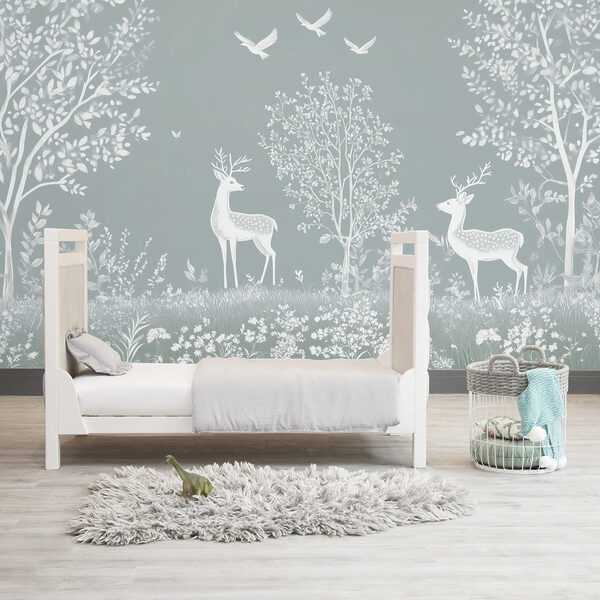 White deer and birds in a forest White deer and birds in a forest