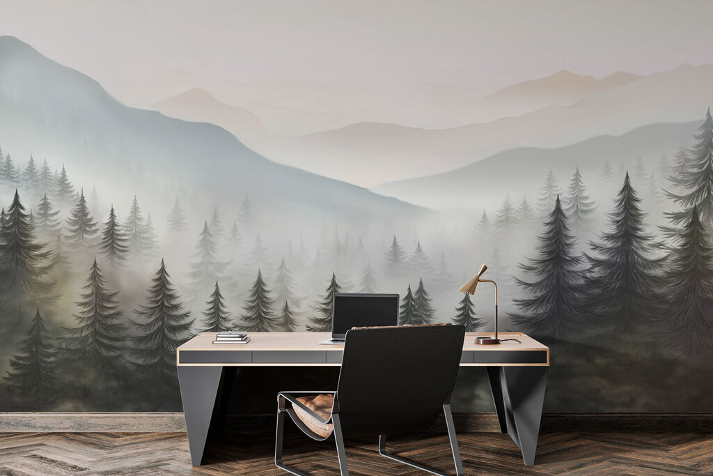 Foggy landscape with trees and mountains Foggy landscape with trees and mountains