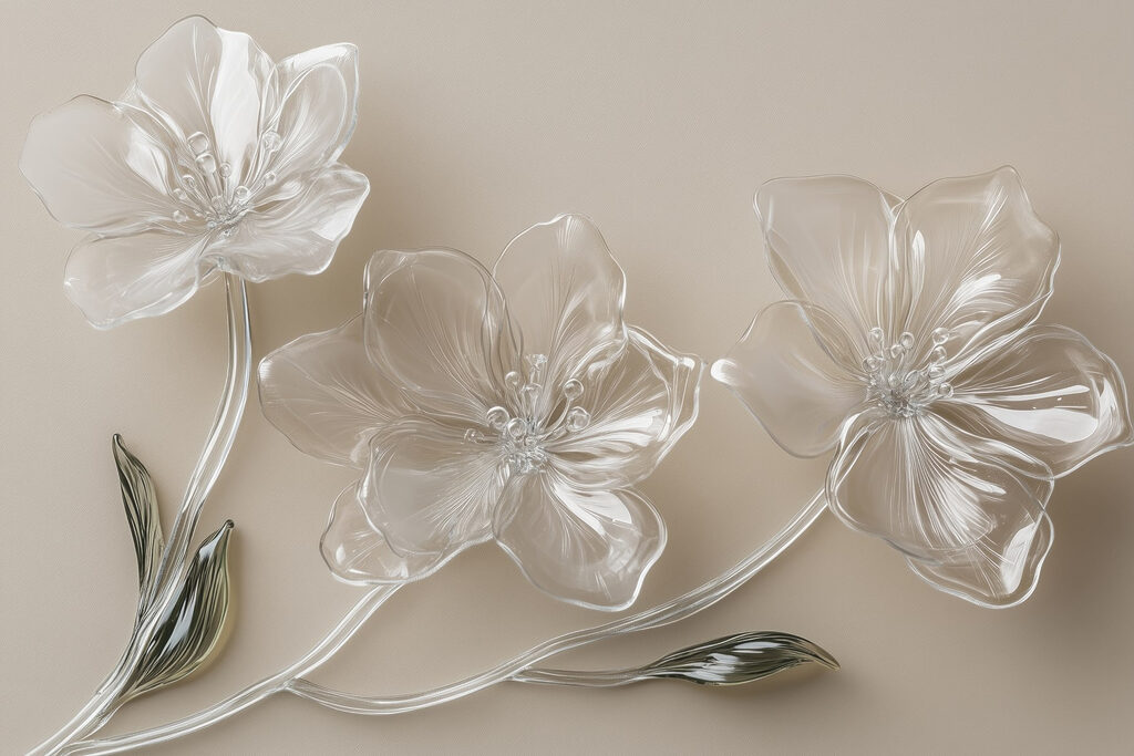 Glass flowers on a white surface Glass flowers on a white surface