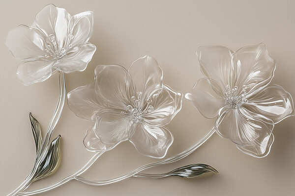 Glass flowers on a white surface Glass flowers on a white surface