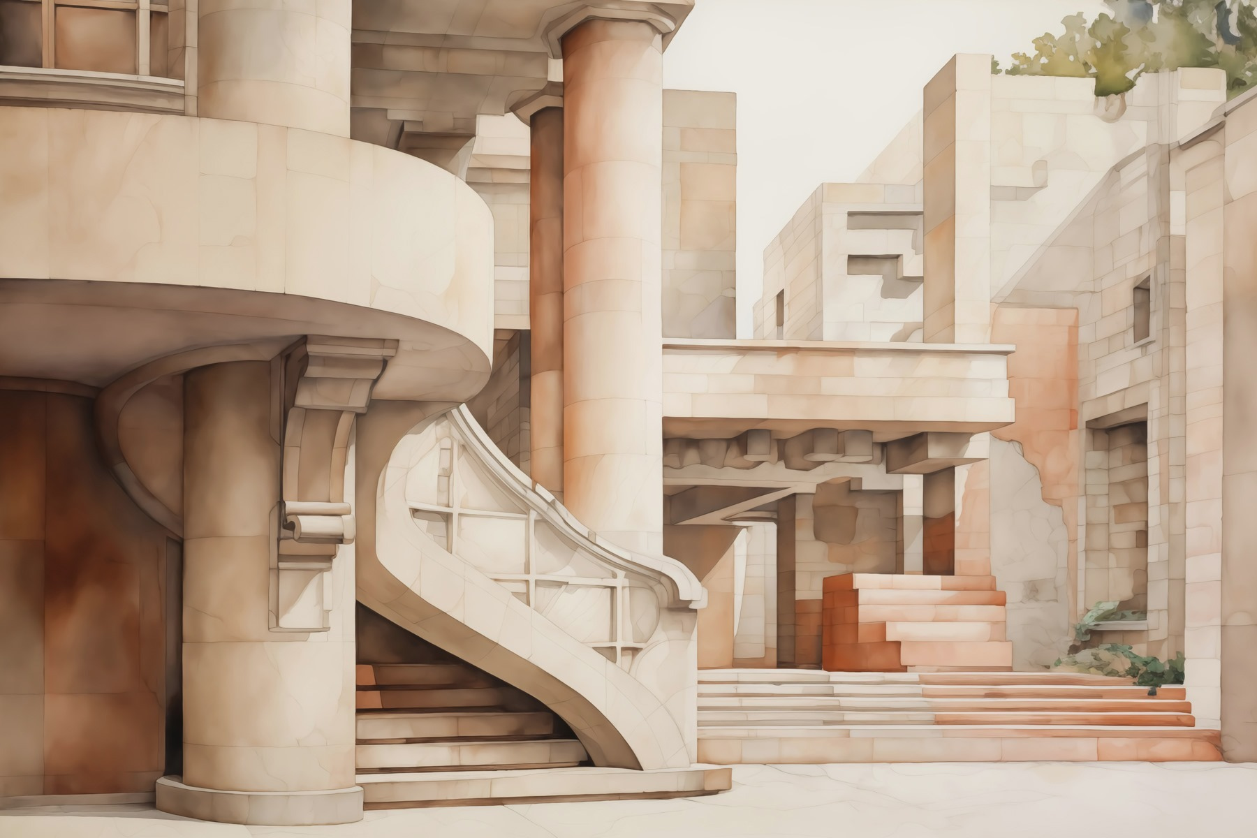 Painting of a building with stairs and steps
