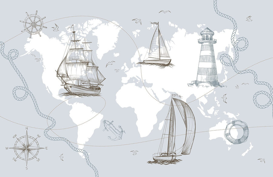 Wall murals Map of the world with different ships - Image 5