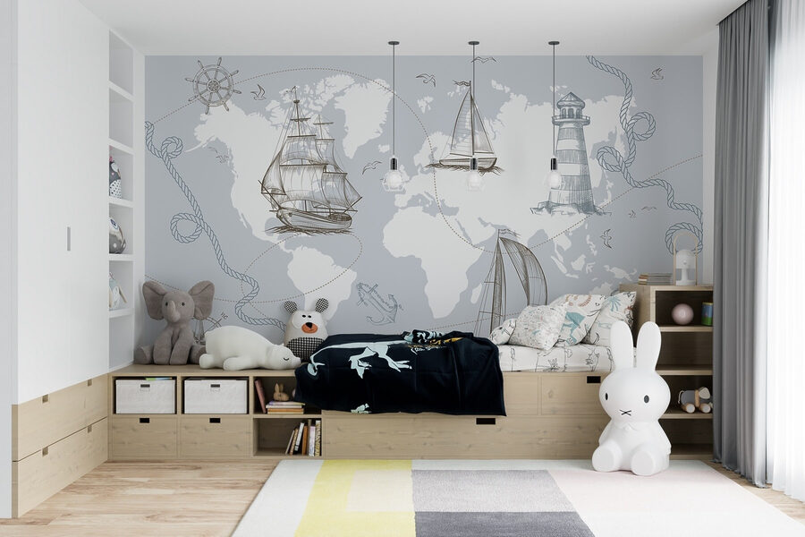Wall murals Map of the world with different ships