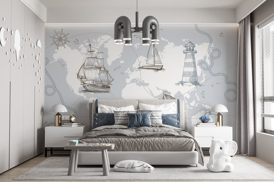 Wall murals Map of the world with different ships - Image 2