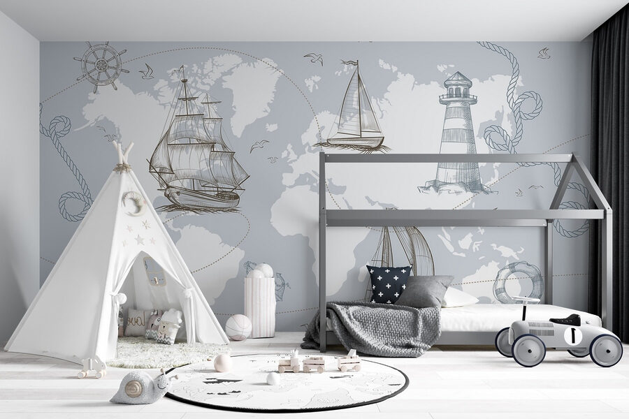 Wall murals Map of the world with different ships - Image 3