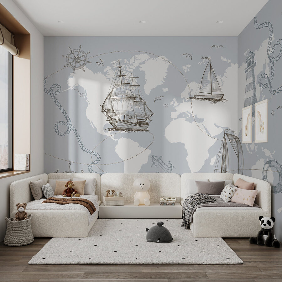Wall murals Map of the world with different ships - Image 4