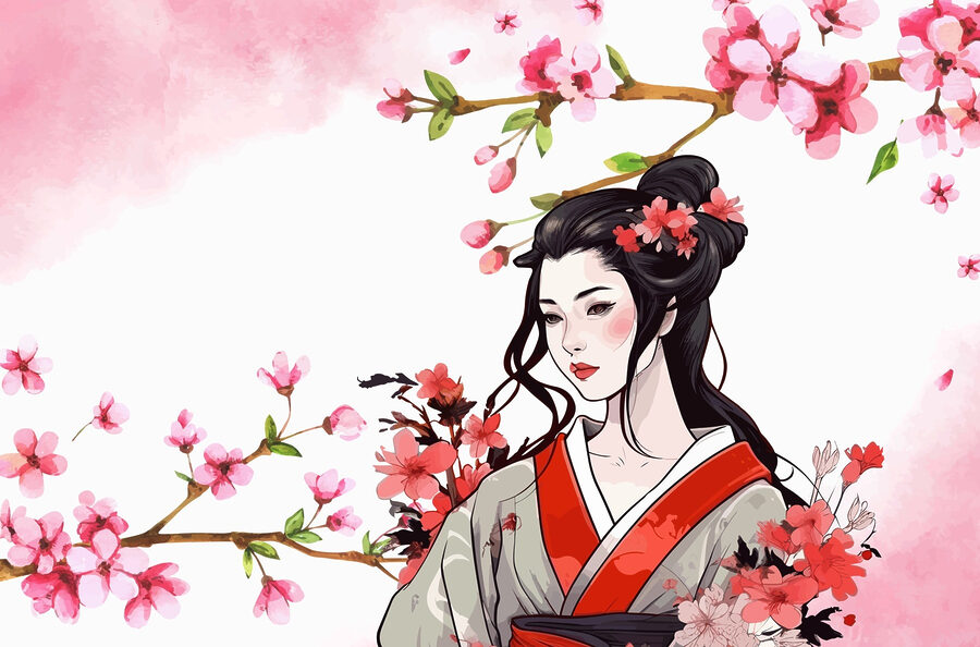 Wall murals Woman in a kimono with flowers - Image 3