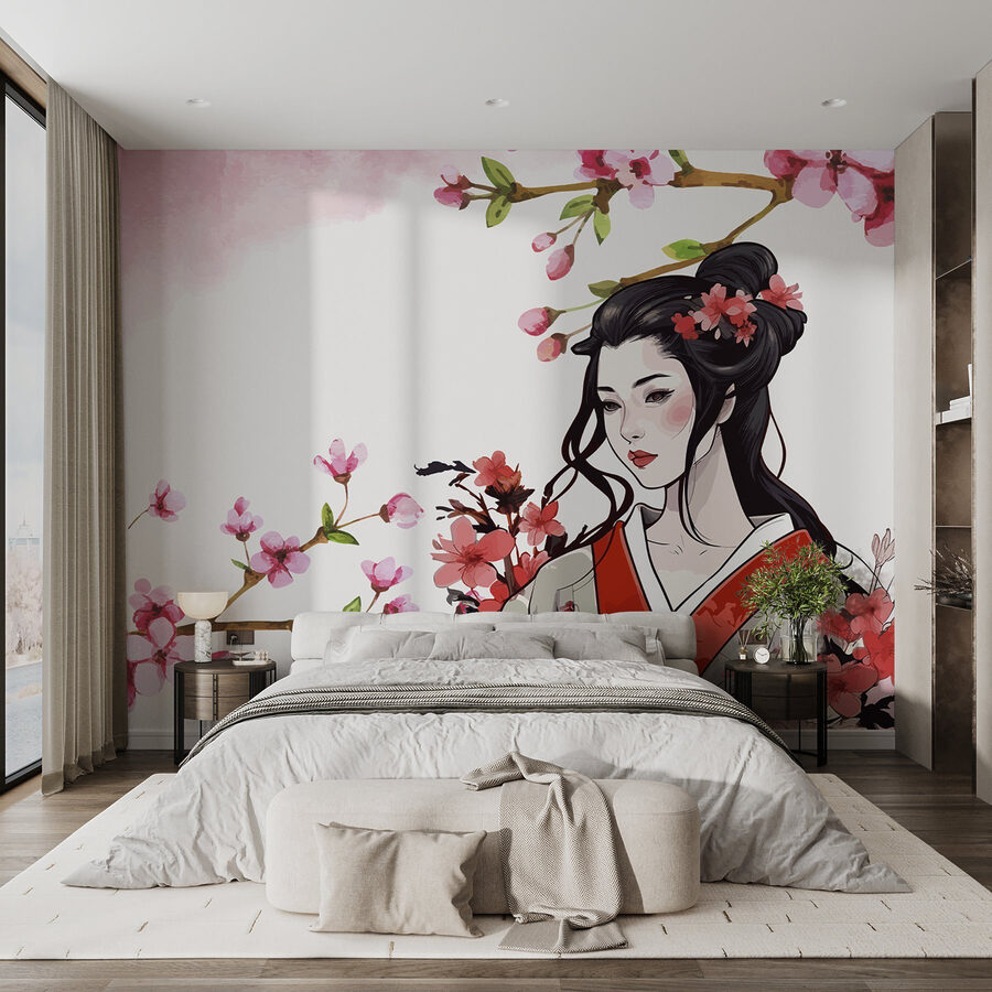 Wall murals Woman in a kimono with flowers