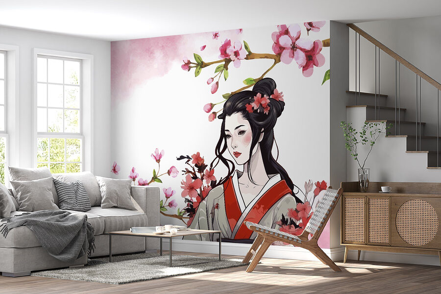 Wall murals Woman in a kimono with flowers - Image 2