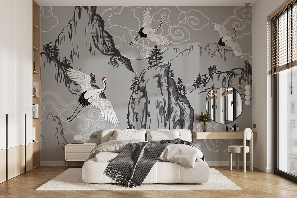 Wallpaper with cranes and mountains