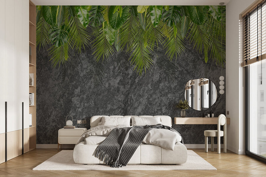 Group of green leaves on a grey background
