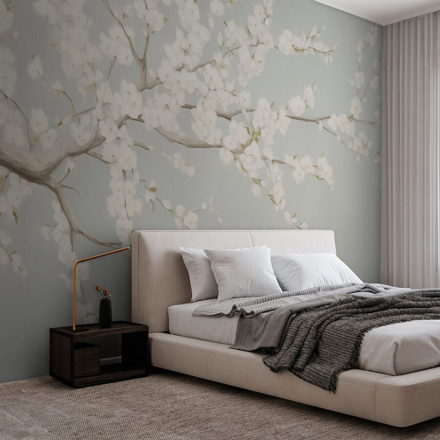 Painting of a tree with white flowers