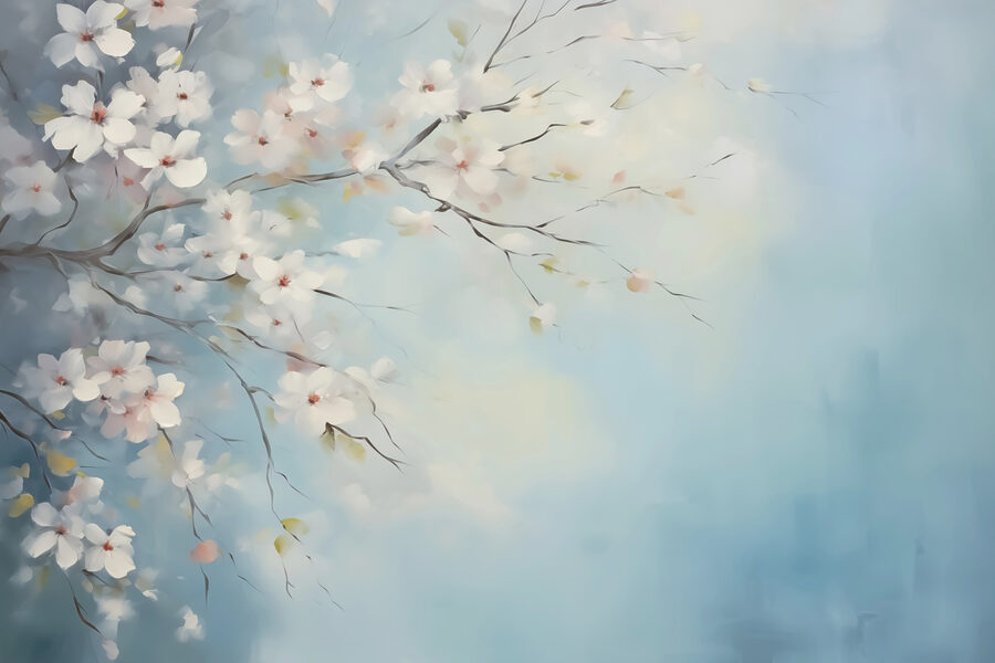 Wall murals Painting of a tree branch with white flowers - Image 3