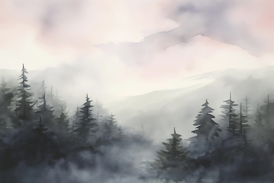 Foggy forest with trees