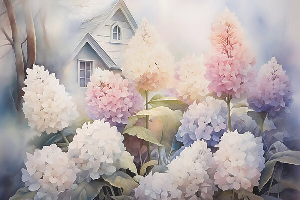 Painting of flowers in front of a house Painting of flowers in front of a house