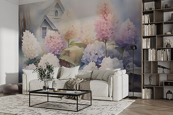 Painting of flowers in front of a house Painting of flowers in front of a house