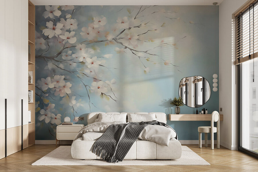 Wall murals Painting of a tree branch with white flowers