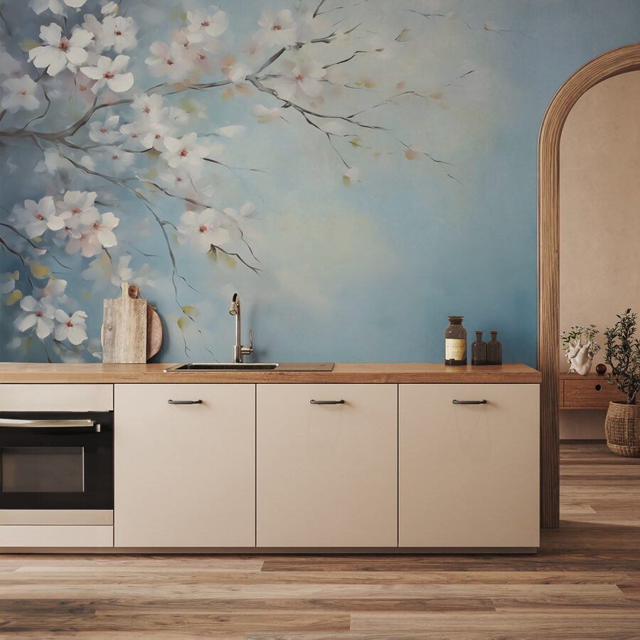Wall murals Painting of a tree branch with white flowers - Image 2