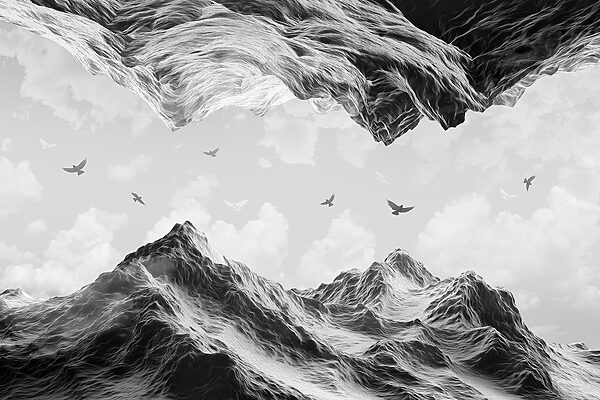 Group of birds flying over a mountain