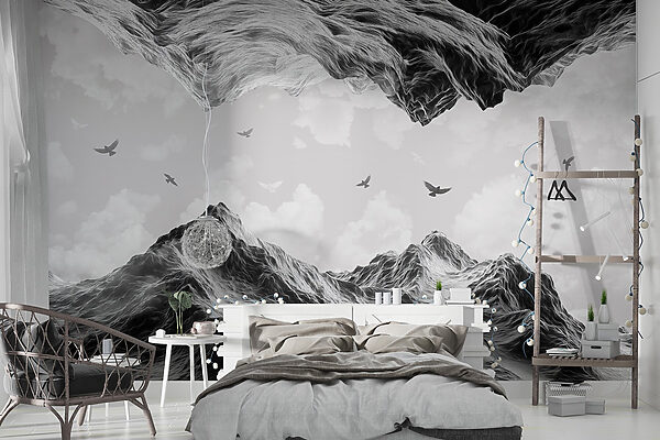 Wall mural Wall mural Group of birds flying over a mountain (SKU: w02514)