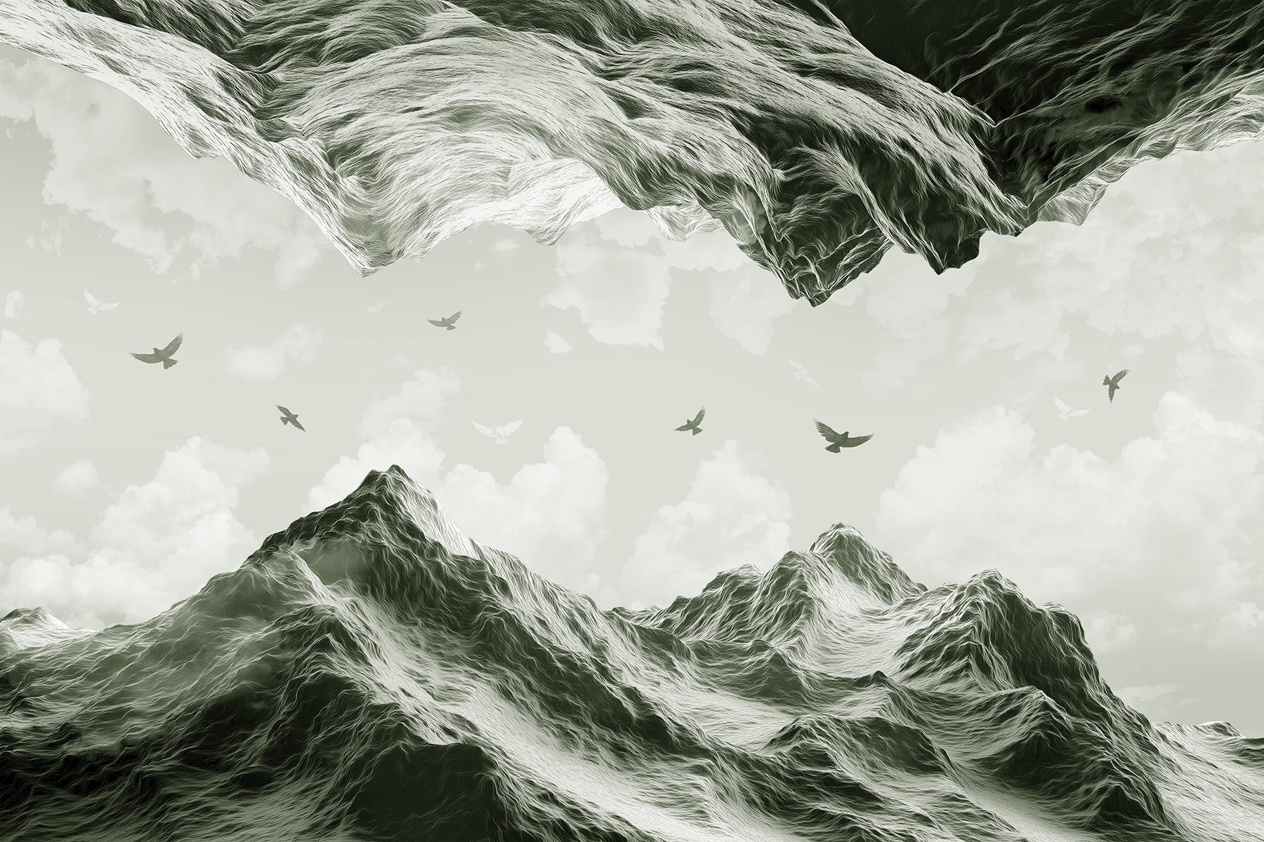 Birds flying over mountains