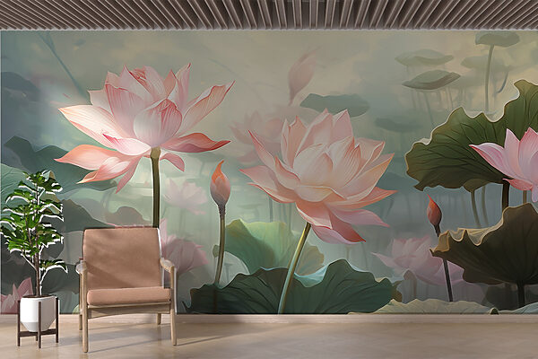 Wall murals Wall murals Group of pink flowers with green leaves (SKU: w02600)