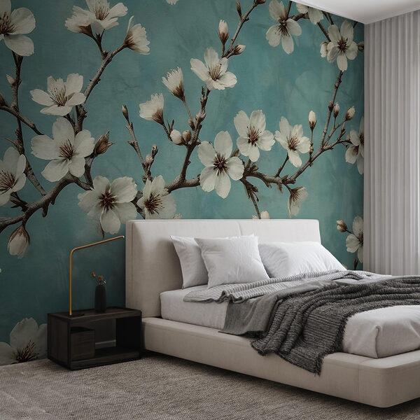 Wall murals Blossoms dancing against a blue background (SKU: w02610) Wall murals Wall murals Blossoms dancing against a blue background (SKU: w02610)