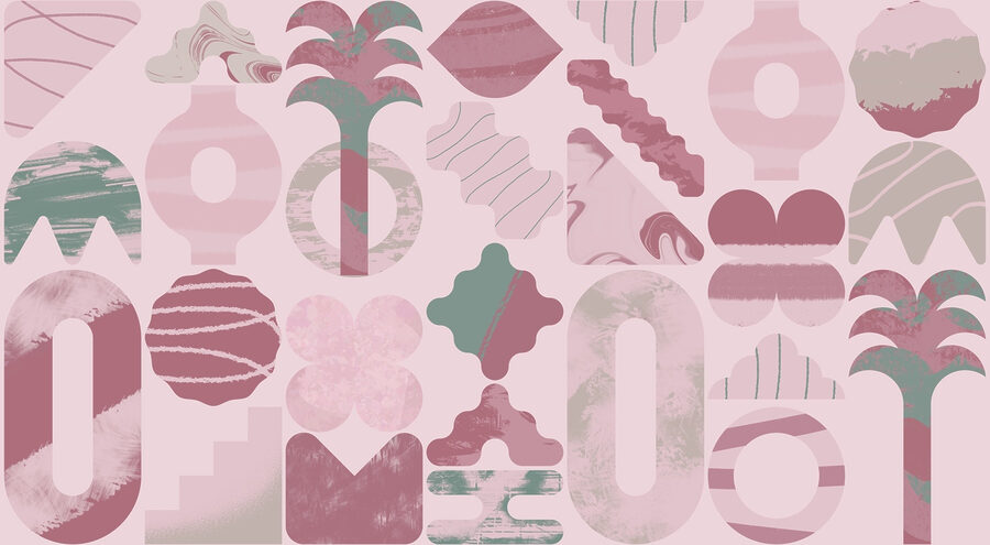 Pink and green background with different shapes