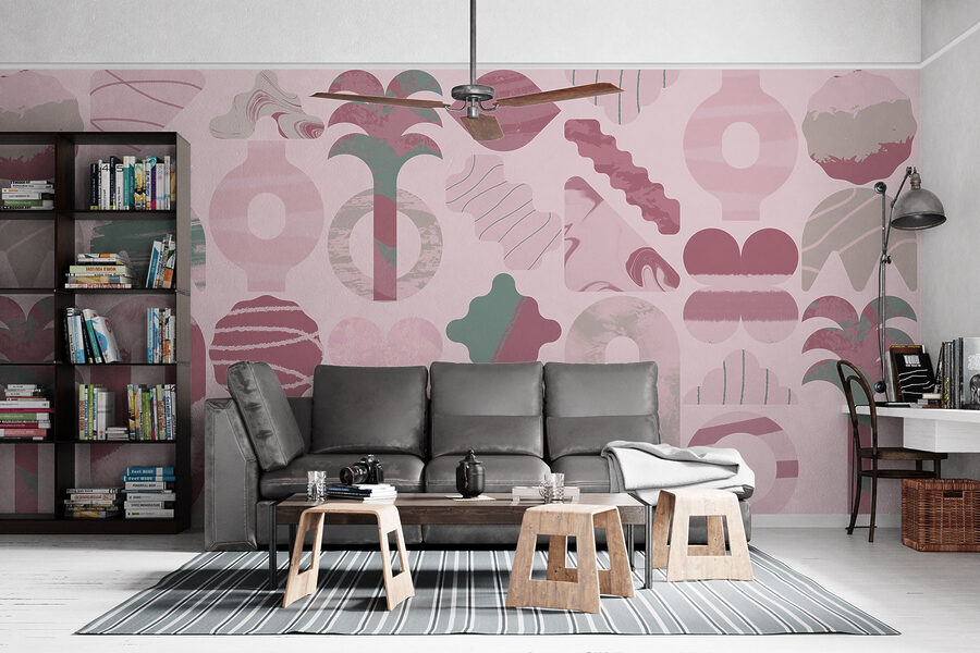 Pink and green background with different shapes