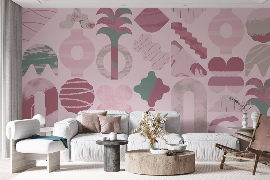 Pink and green background with different shapes