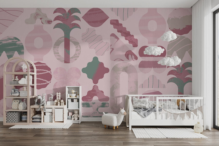 Pink and green background with different shapes