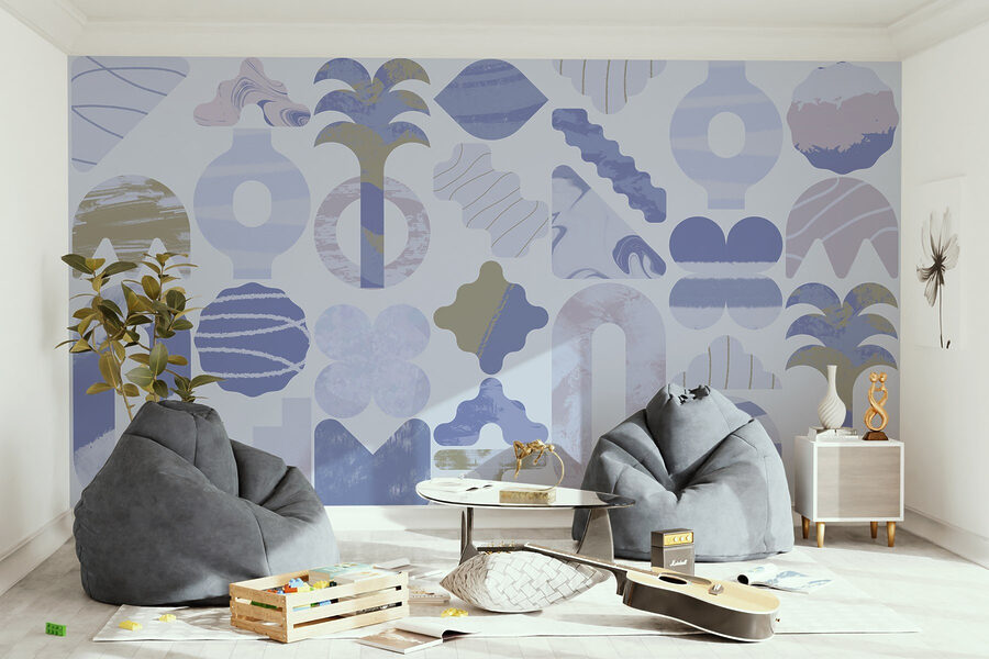 Blue and white background with different shapes