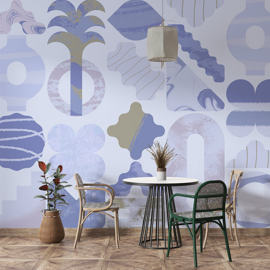 Blue and white background with different shapes