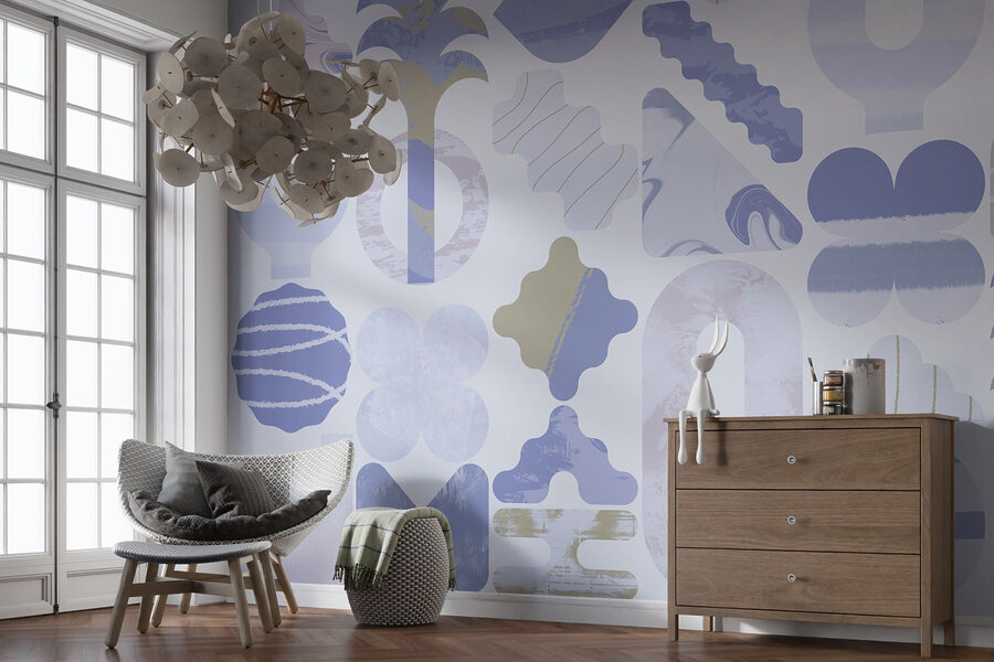 Blue and white background with different shapes