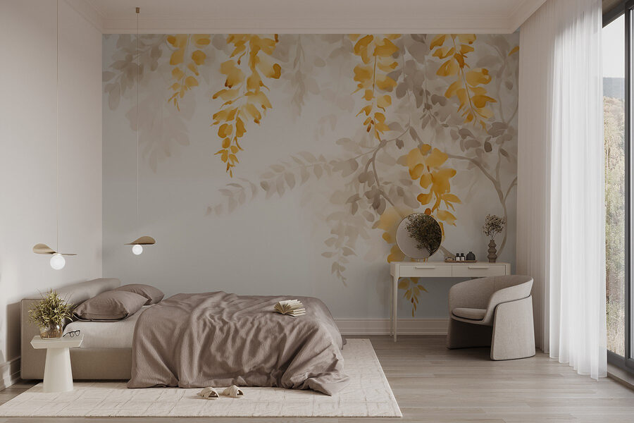 Yellow and gray leaves on a white background