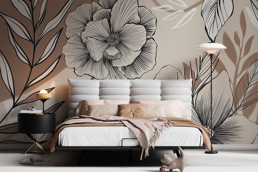 Wall murals Artistic floral line drawing design.