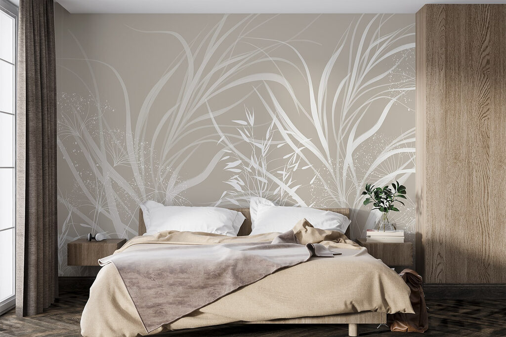 White floral design on a grey background