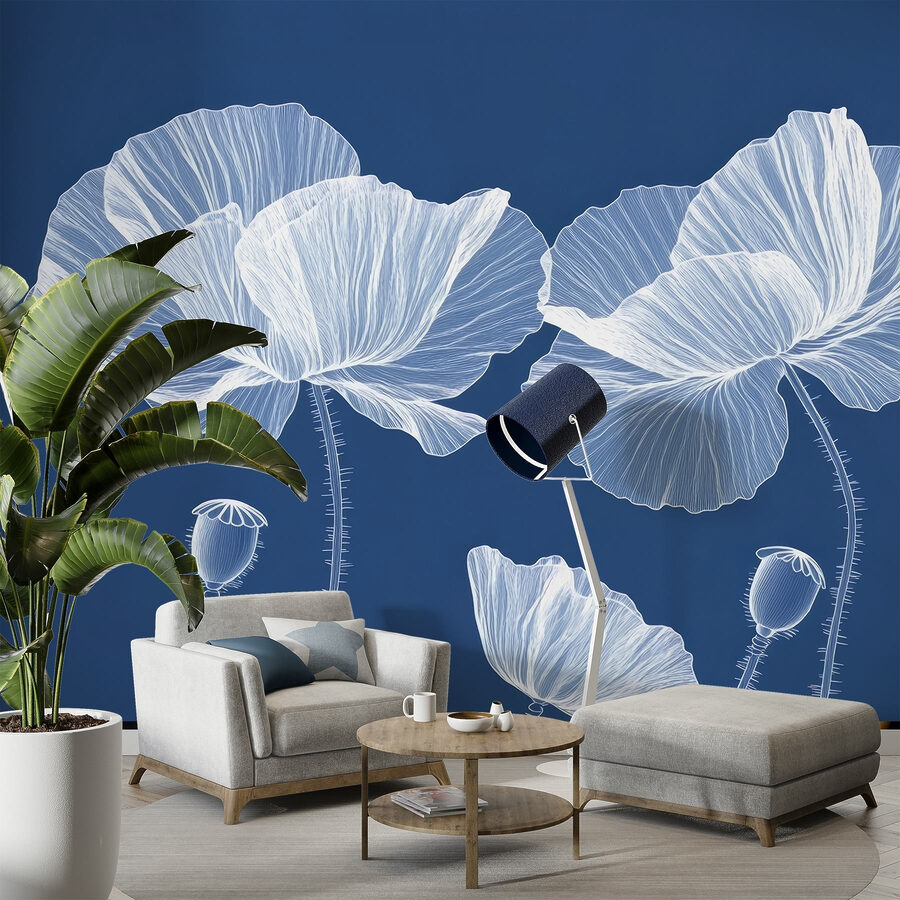 White flowers on a blue background