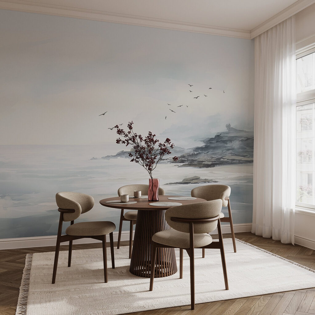 Birds flying over a rocky beach