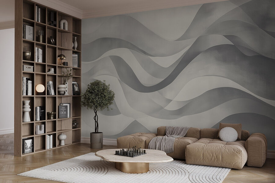 Wall murals Grey and white background with wavy lines - Image 2