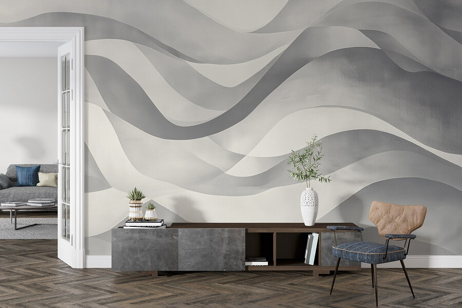 Wall murals Grey and white background with wavy lines - Image 4