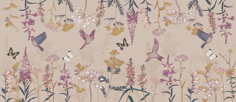 Wallpaper with birds and flowers